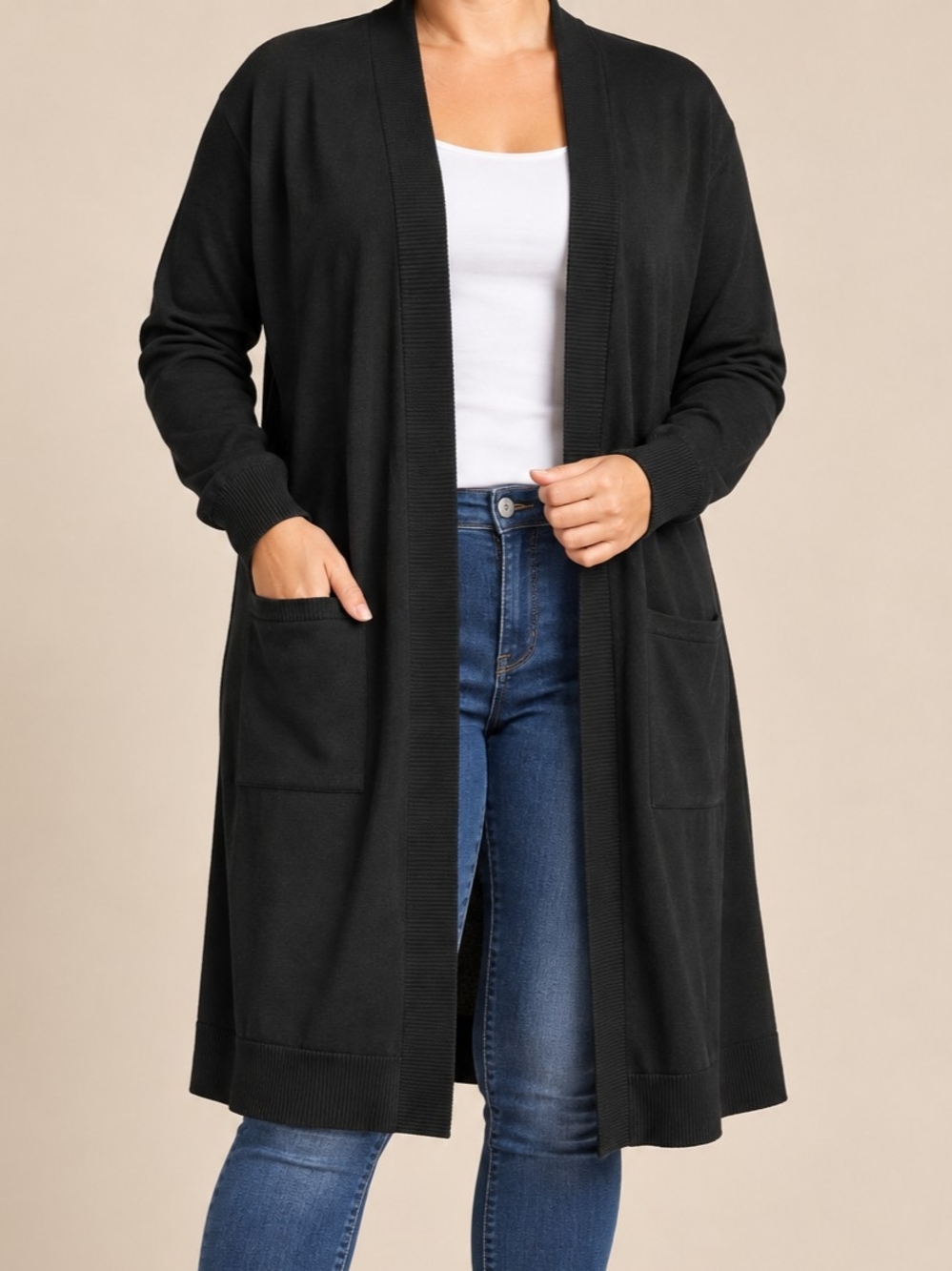 Ellie Black Long Open Front Cardigan Sweater Duster Lightweight L Pockets